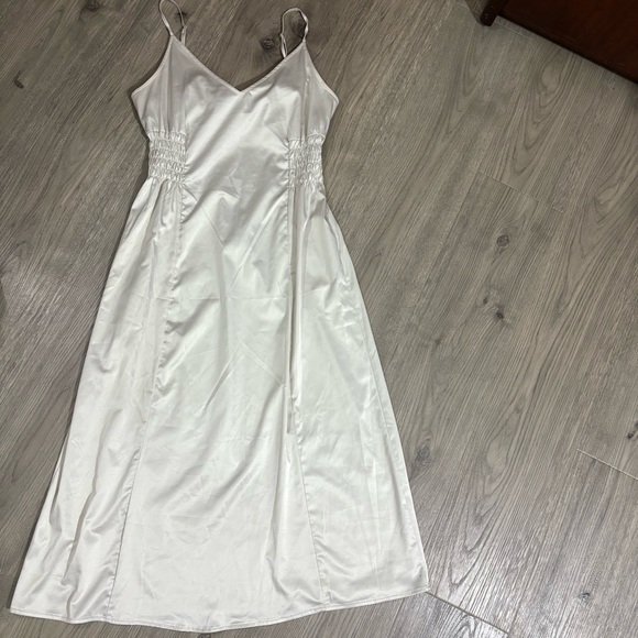 ZARA Ivory Maxi Dress Elastic Waist Shiny Sz S Silky Bridal Wedding Party - Picture 7 of 12